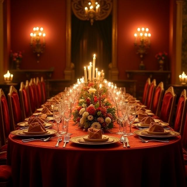 Allestimento tematico di una cena di gala con richiami all'arte rinascimentale.